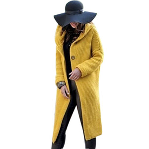 Autumn Button Women Cardigan Coat Solid Hooded