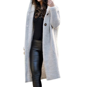 Autumn Button Women Cardigan Coat Solid Hooded
